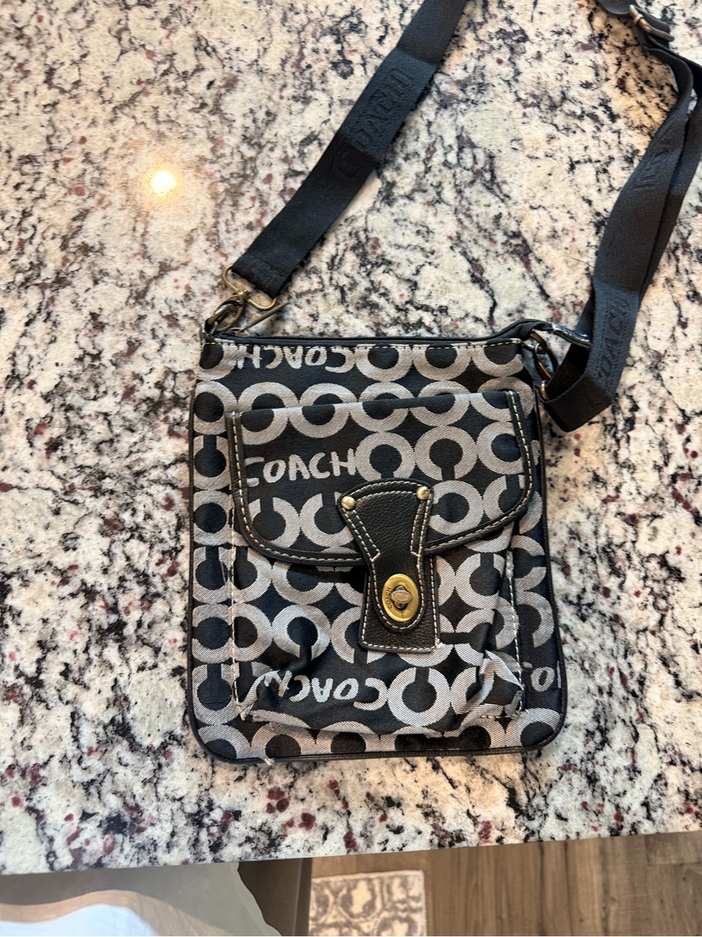 Y2K Coach Black and Gray Signature Crossbody Pouch with Cream Accents